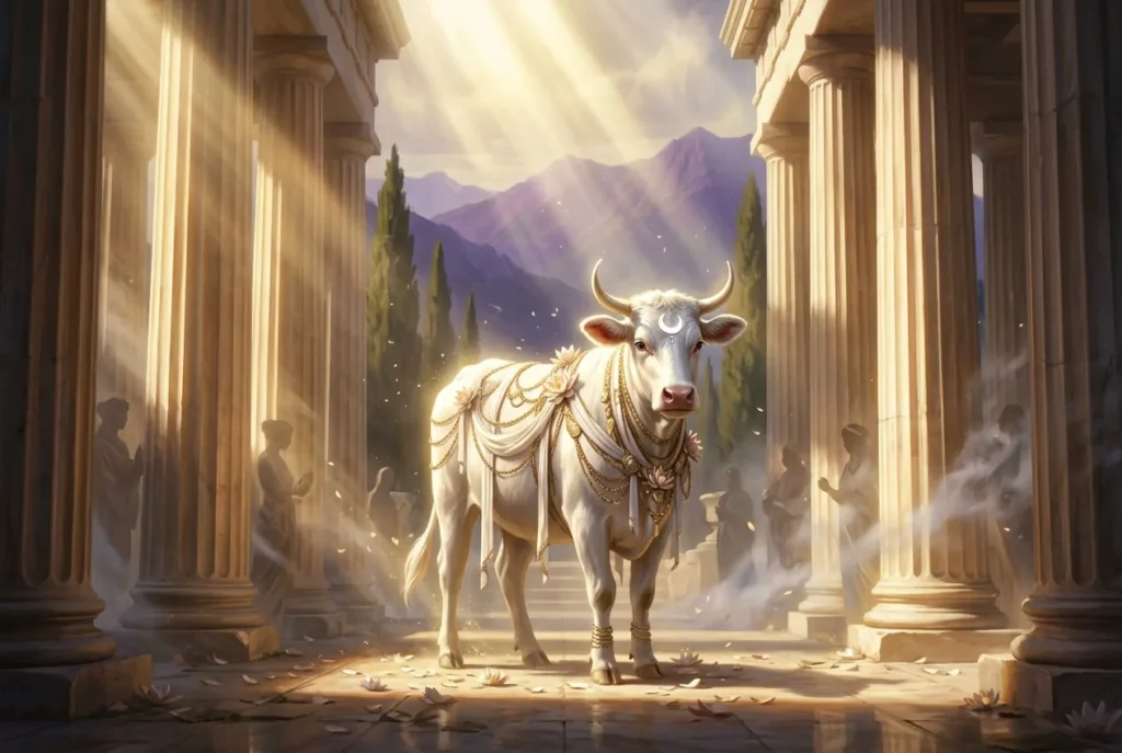 Io transformada en vaca blanca en la mitología griega, perseguida por Argos de los cien ojos