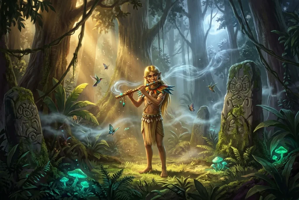Jasy Jatere criatura mitología guaraní joven cabello dorado flauta mágica bosque selva