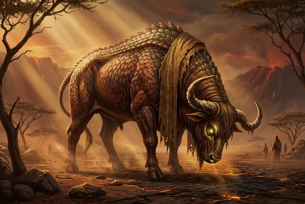 Katoblepas criatura mitología griega - bestia legendaria con cabeza pesada y mirada letal