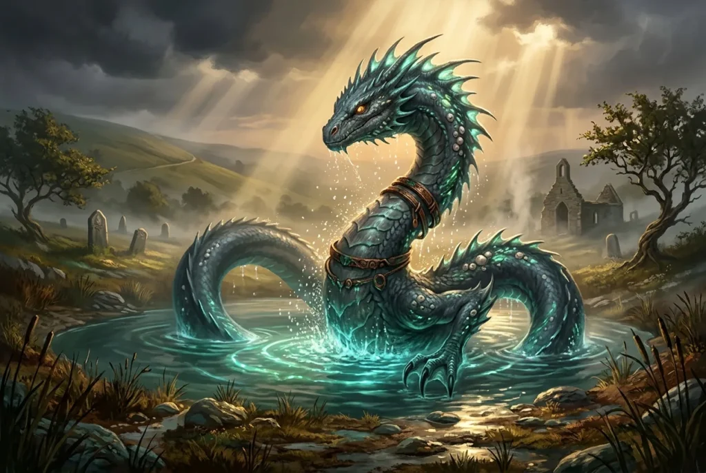 Knucker, dragón acuático del folklore inglés de Sussex sumergido en aguas profundas