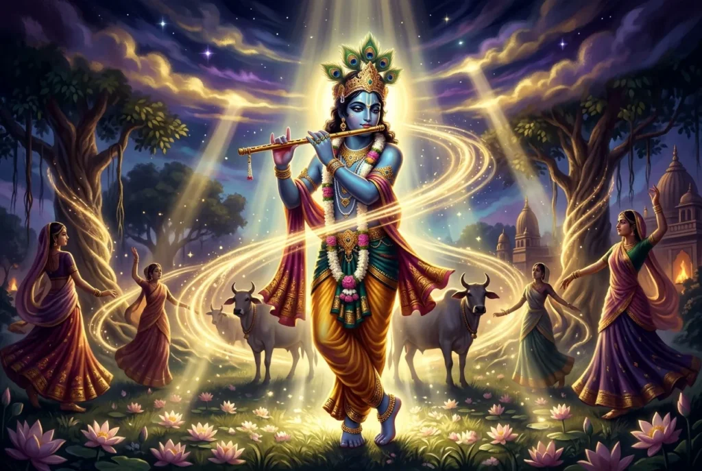 Krishna mitología hindú: dios pastor con flauta tocando música celestial, representación de la divinidad hindú
