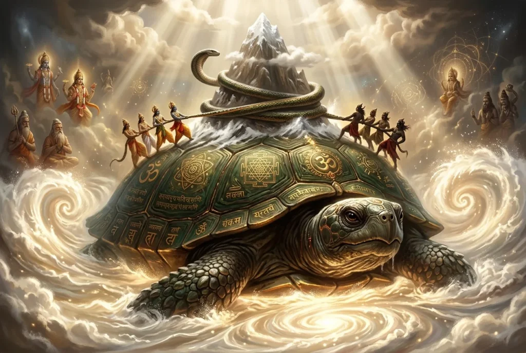 Kurma la tortuga colosal, segunda encarnación de Vishnu en mitología hindú, sosteniendo la montaña Mandara durante el Samudra Manthan