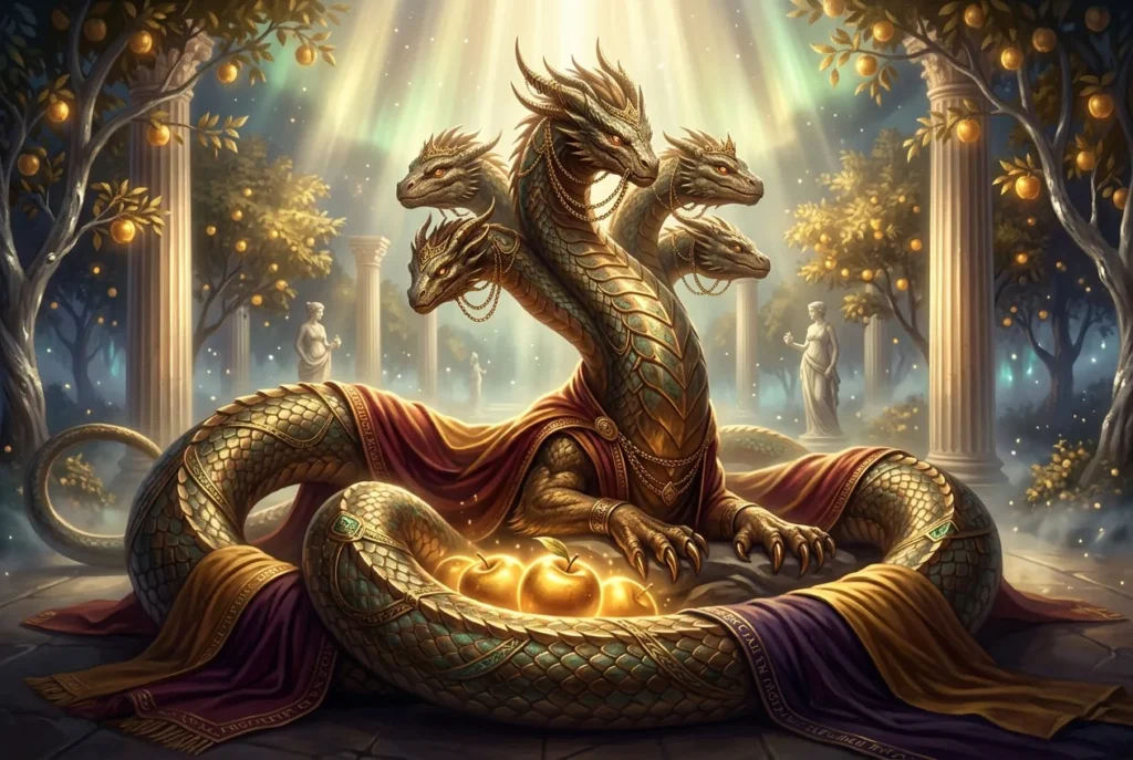 Ladon dragón mitología griega custodia manzanas de oro Hespérides serpiente colosal