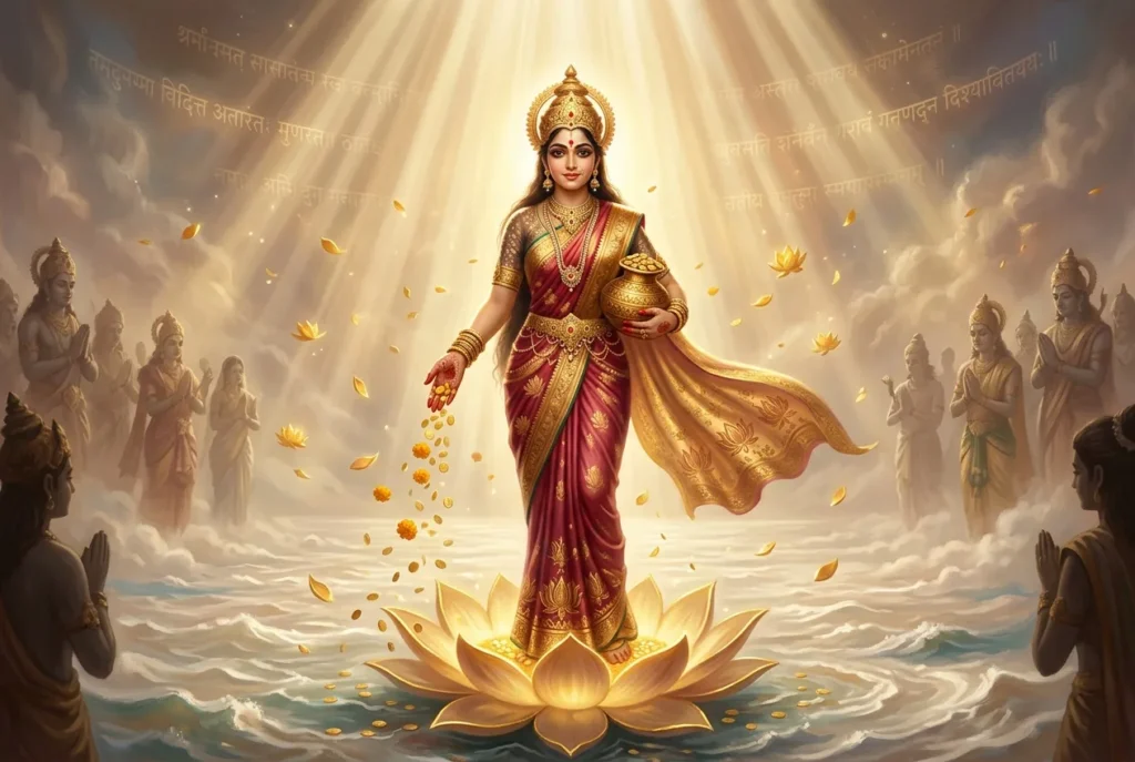 Lakshmi diosa hindú de la fortuna y la belleza con flores de loto