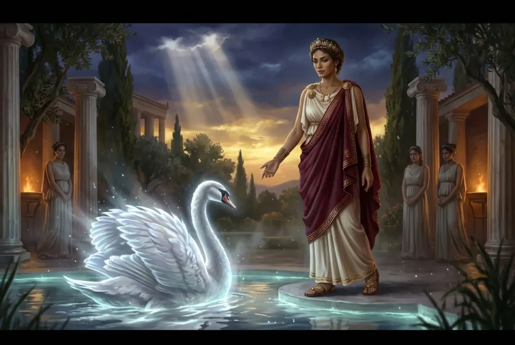 Leda y el cisne en la mitología griega: Zeus seduciendo a Leda en forma de cisne blanco