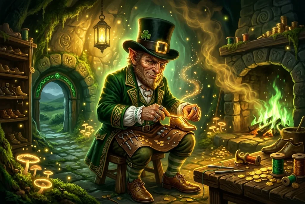 Leprechaun de la mitología irlandesa, pequeño duende mágico vestido de verde con sombrero de copa