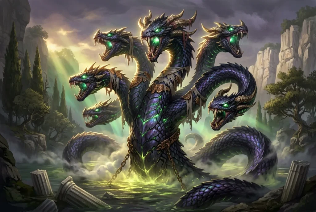 Lernaean Hydra mitología griega - monstruo serpentino de múltiples cabezas regenerables del segundo trabajo de Hércules