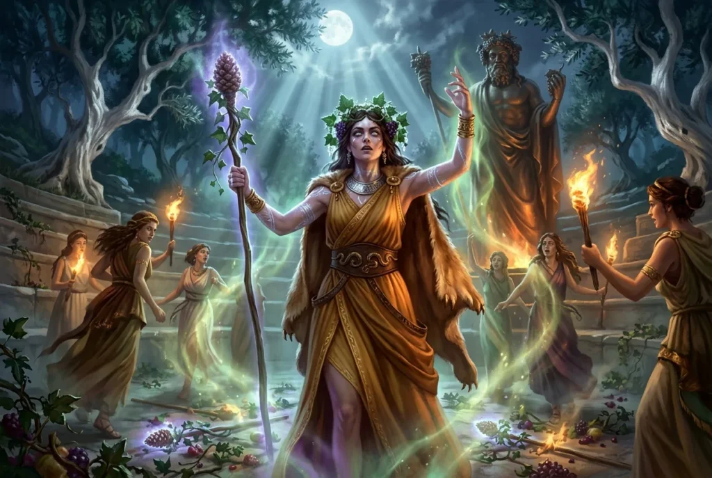 Maenads bacantes mitología griega mujeres Dionisio rituales éxtasis frenesí antigua Grecia