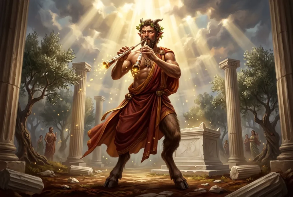 Marsyas satiro músico mitología griega tocando flauta, criatura legendaria desafiante