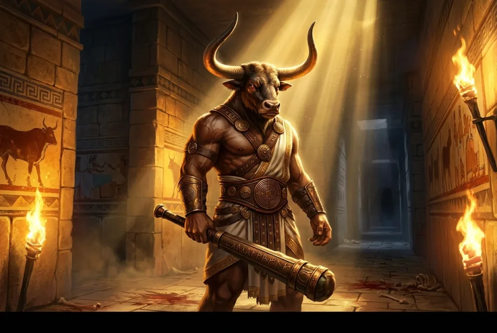 Minotauro mitología griega: criatura con cabeza de toro y cuerpo de hombre en el laberinto, símbolo del horror y misterio de la mitología clásica