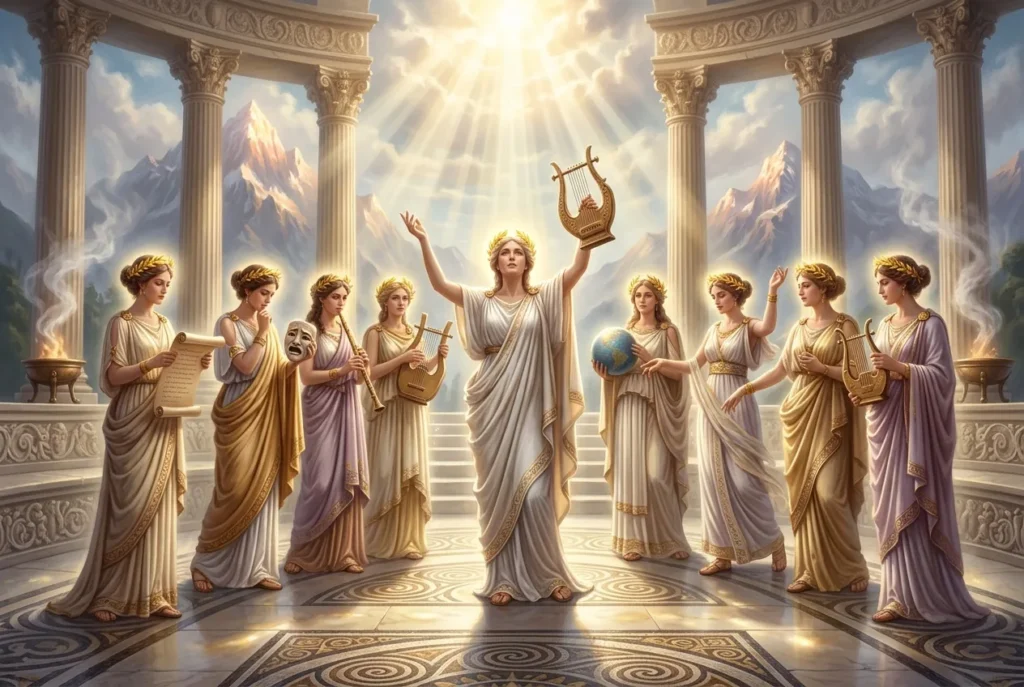 Representación de las Musas de la mitología griega, deidades inspiradoras del arte y la ciencia en la cultura antigua