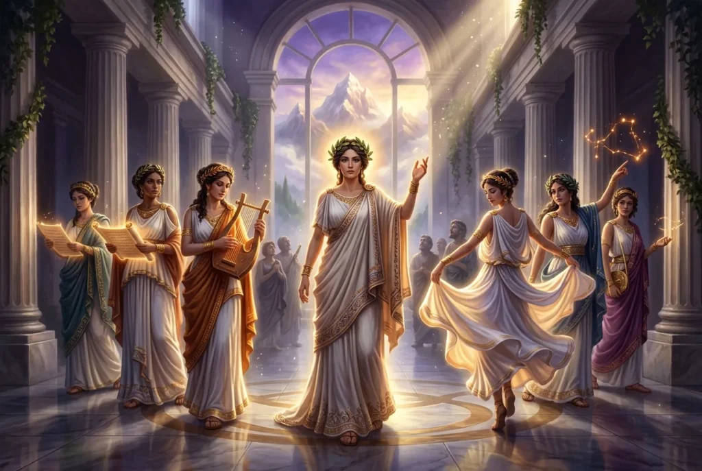 Las nueve Musas de la mitología griega, deidades de la inspiración artística e intelectual, hijas de Zeus y Mnemósine