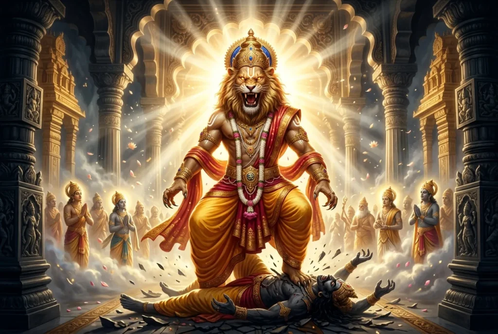 Narasimha, el hombre-león de la mitología hindú, forma de Vishnu con cabeza de león y cuerpo humano