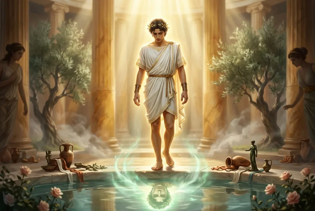 Narciso mitología griega contemplando su reflejo en la fuente, símbolo del amor propio desmedido