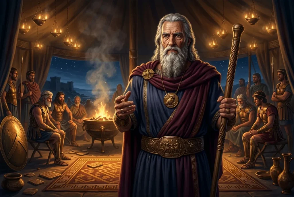 Néstor de Pilos, anciano rey guerrero de la mitología griega, representado con corona y bastón como sabio consejero en la Ilíada de Homero