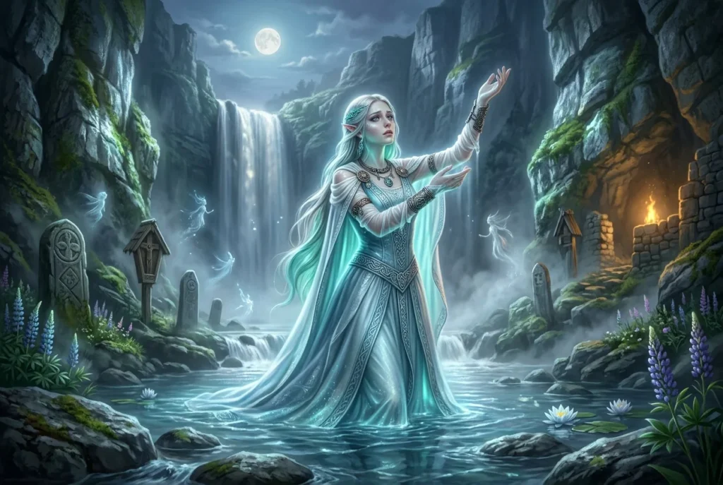 Ondina mitología europea - espíritu femenino del agua en río con belleza sobrenatural