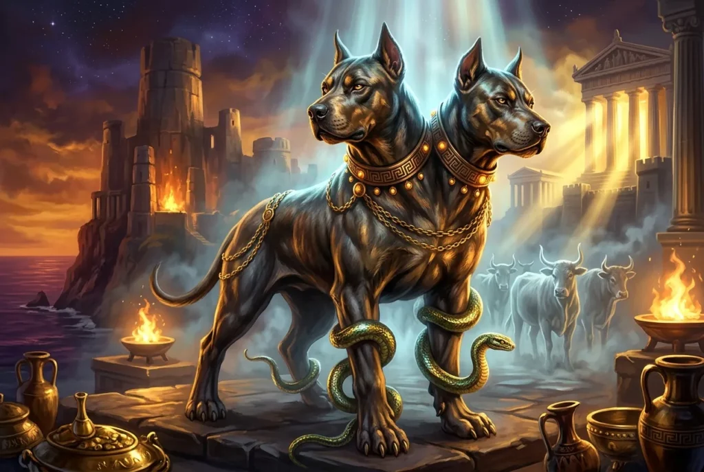 Orthrus, el perro bicéfalo de la mitología griega, guardián feroz con dos cabezas en la antigüedad griega