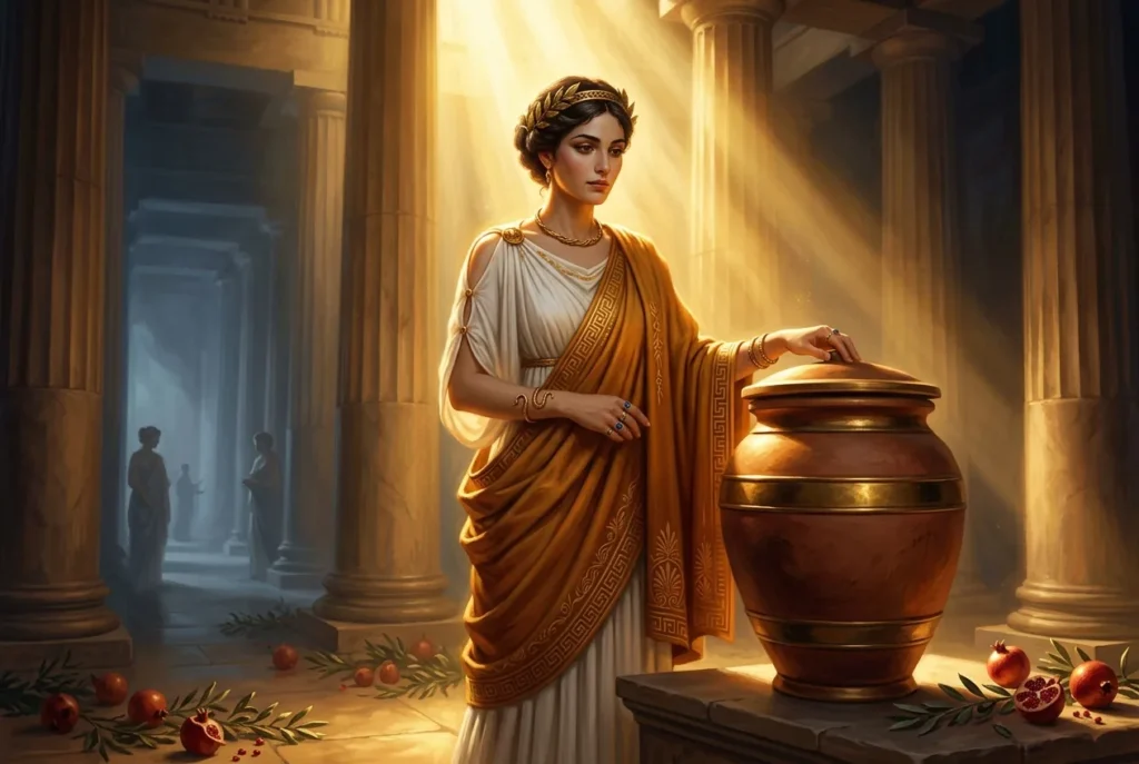 Pandora de la mitología griega con su caja mítica, símbolo de curiosidad y consecuencias en la antigüedad griega