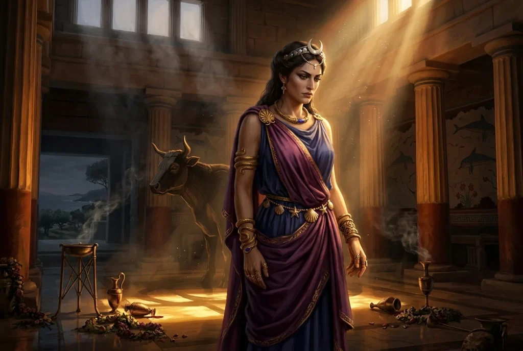 Pasífae mitología griega reina Creta madre Minotauro hechicera