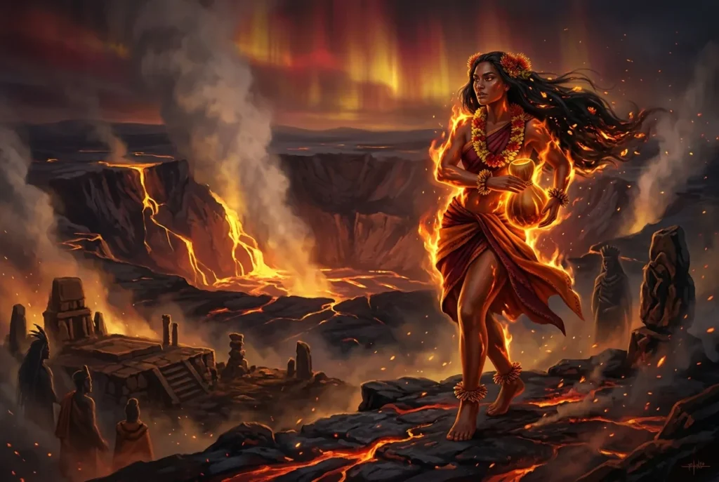 Pele, diosa hawaiana del volcán y fuego, rodeada de lava incandescente en la mitología hawaiana