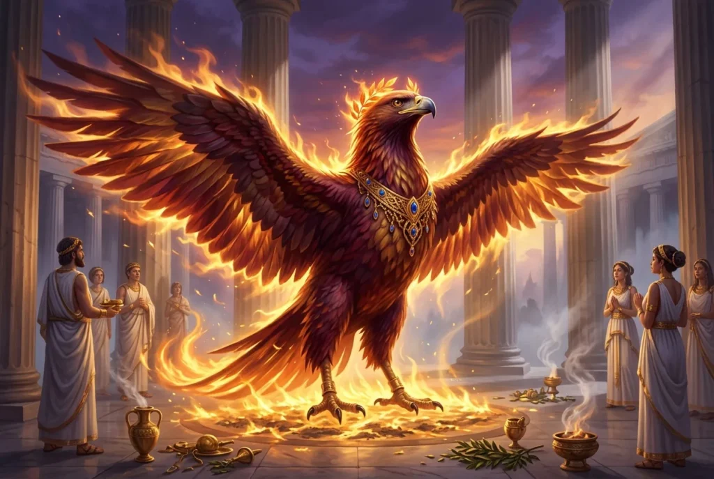 Fénix mitología griega ave inmortal fuego renacimiento llamas doradas
