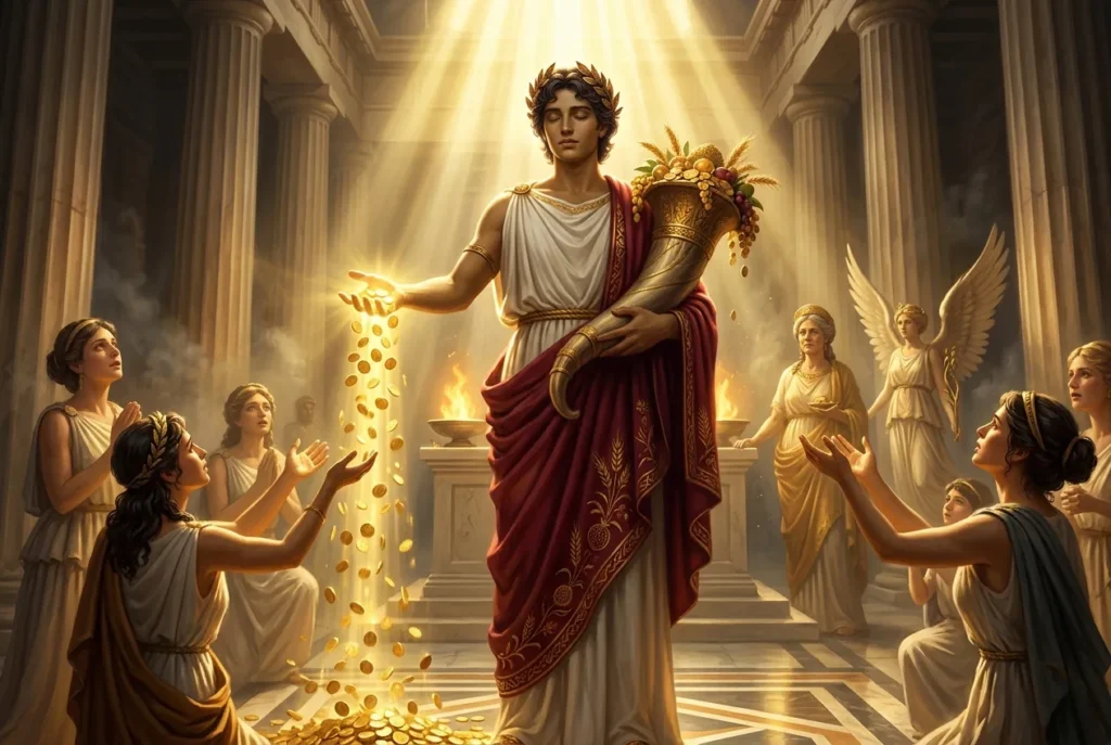 Plutus, dios griego de la riqueza y abundancia, representado como figura ciega en la mitología clásica