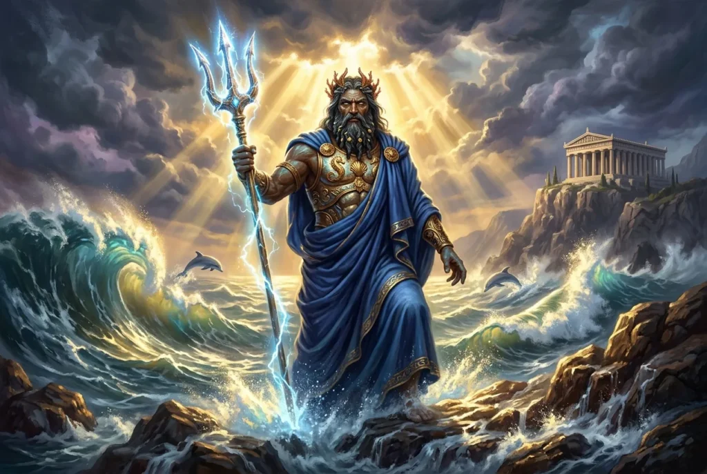 Poseidón dios griego del mar con tridente, mitología griega antigua