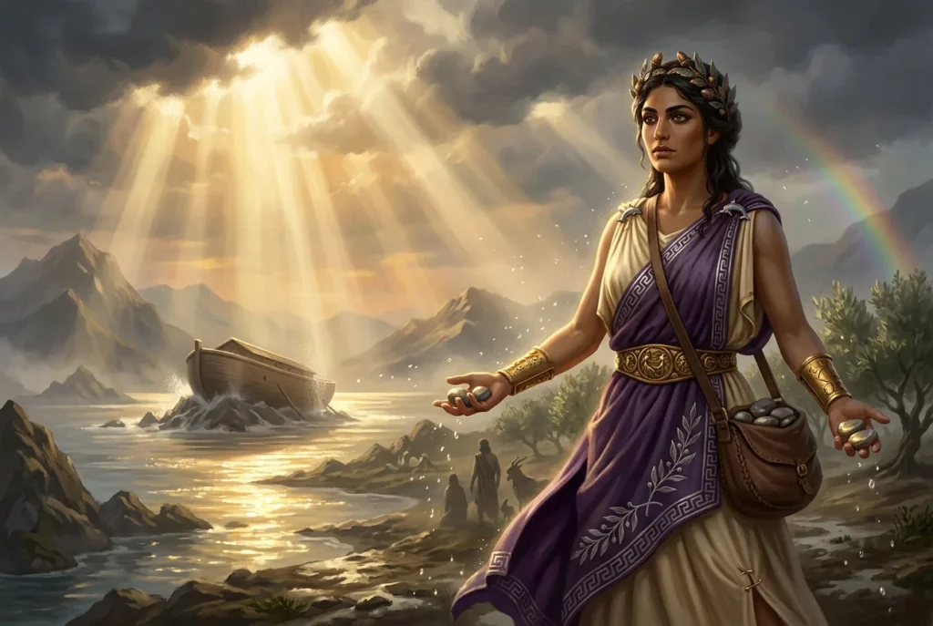 Pyrrha mitología griega superviviente diluvio, esposa de Deucalión recreando la humanidad