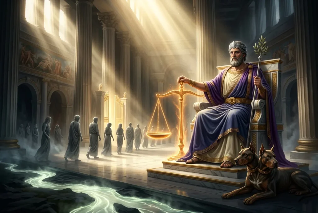 Rhadamanthys, el juez del inframundo en la mitología griega antigua, representado con símbolos de justicia