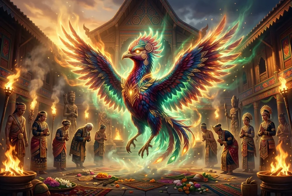 Sarimanok, ave mítica filipina con plumaje colorido y decorativo, símbolo de la mitología de Mindanao