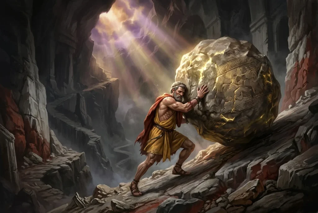 Sísifo en la mitología griega empujando roca cuesta arriba, castigo eterno