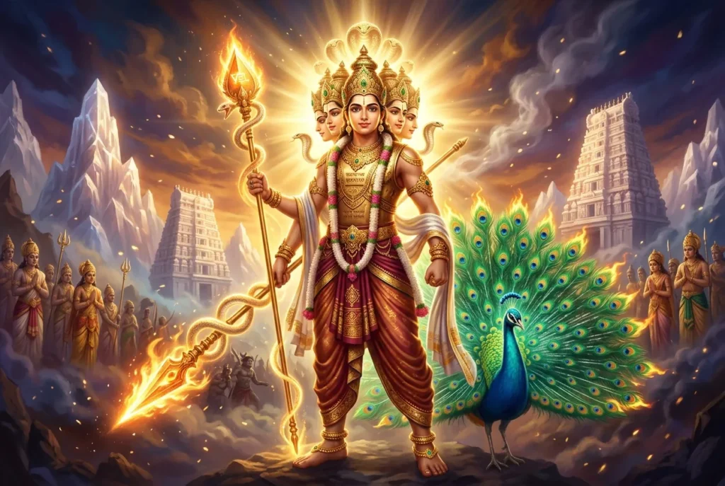 Skanda o Kartikeya, dios guerrero hindú montado en pavo real con lanza, representación de la mitología hindú