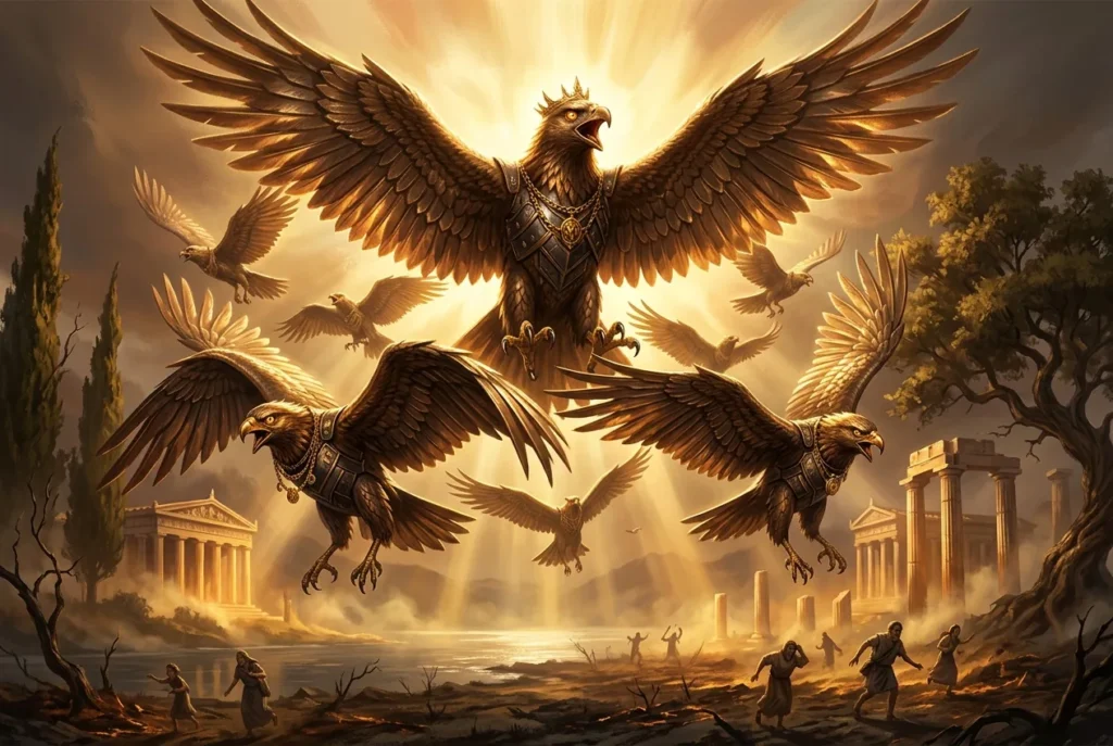 Pájaros Estinfálios de la mitología griega - Criaturas aladas con picos de bronce del sexto trabajo de Heracles