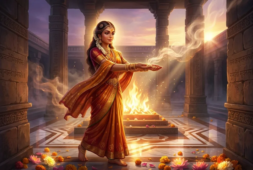 Svaha divinidad hindú esposa de Agni guardiana ofrendas rituales fuego mitología vedantista