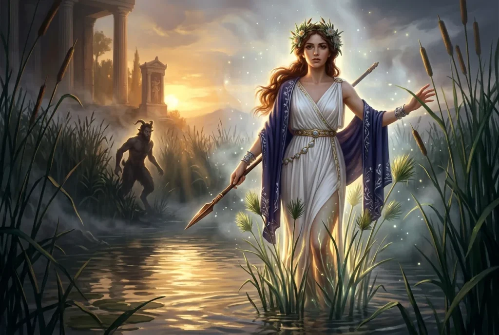 Syrinx náyade mitología griega transformada en caña, perseguida por Pan en las aguas del río
