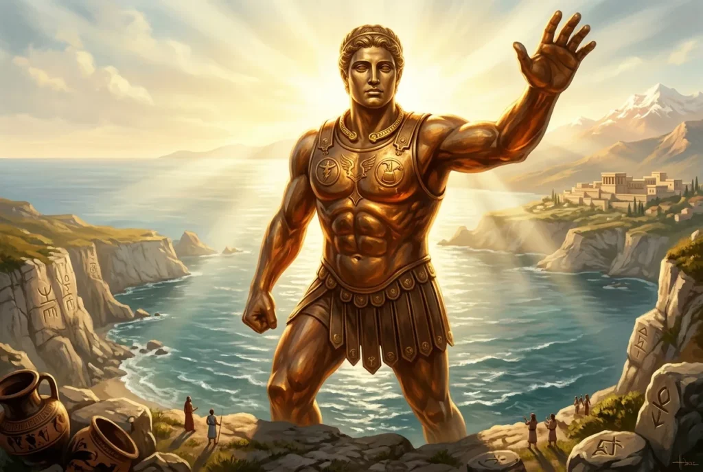 Talos, el gigante de bronce de la mitología griega, guardián de Creta con armadura metálica