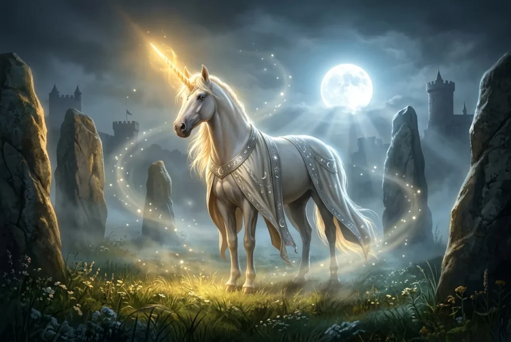 Unicornio mitológico europeo con cuerno espiralado, símbolo de pureza y magia en la mitología