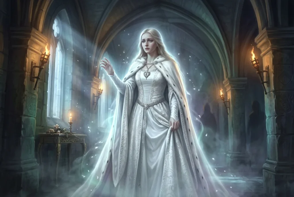 Dama Blanca espíritu mitología europea, fantasma mujer vestida blanco en castillo antiguo