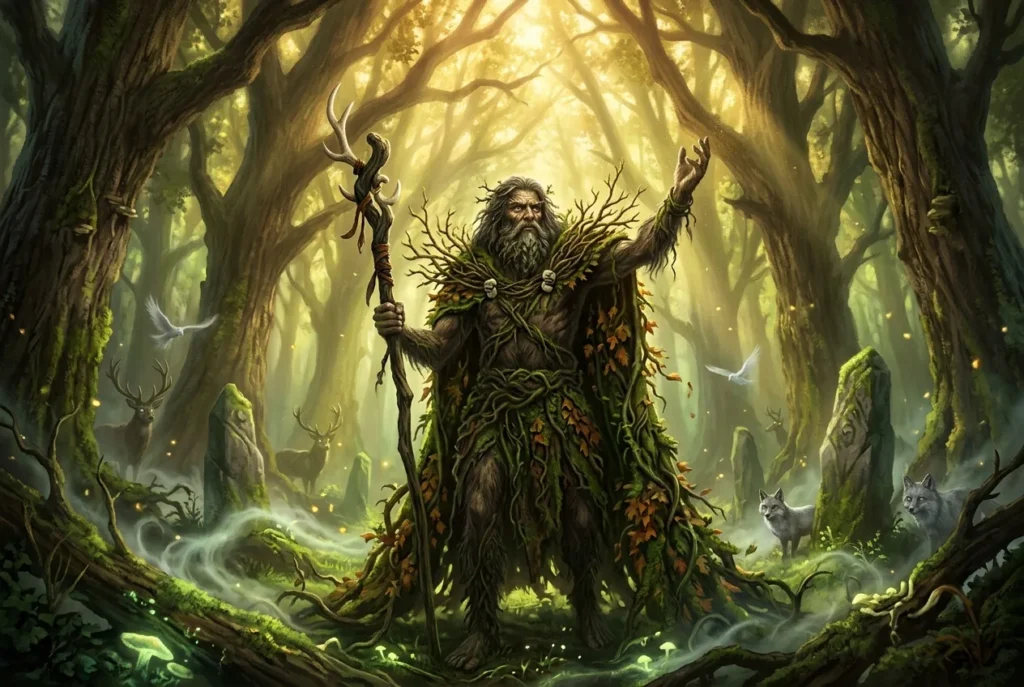 Woodwose mitología europea, hombre salvaje del bosque cubierto de pelo y vegetación en mitología medieval