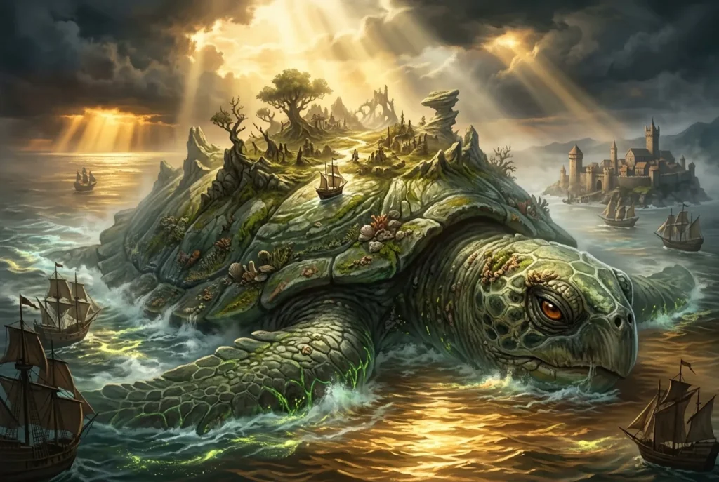 Zaratan criatura mitológica marina medieval, tortuga gigante con isla en el lomo, folclore europeo y árabe