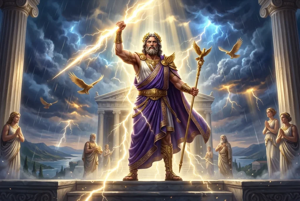 Zeus, rey de los dioses olímpicos de la mitología griega, representado con rayo y corona