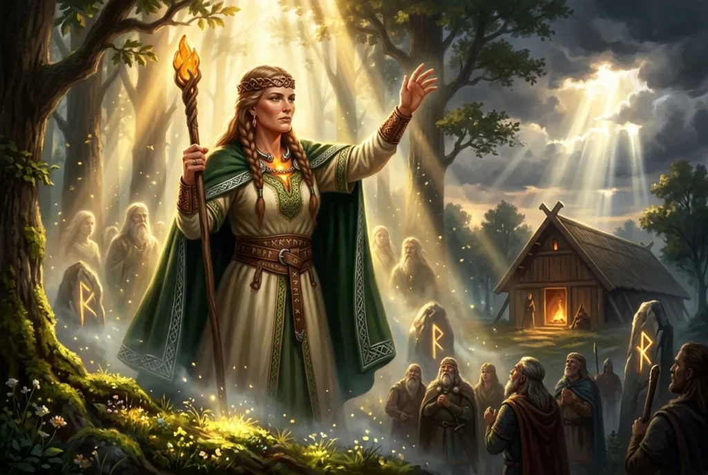 Zisa diosa germánica de la mitología alemana representada con símbolos de justicia y protección