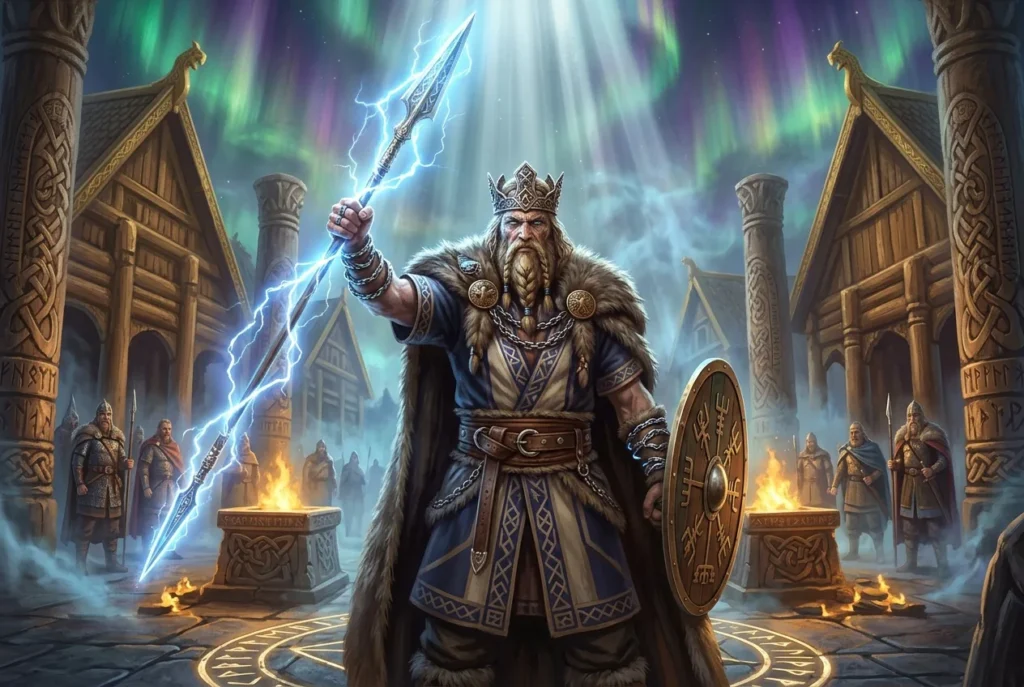 Los Aesir, deidades supremas del panteón nórdico en Asgard, rodeados de simbolismo mitológico nórdico