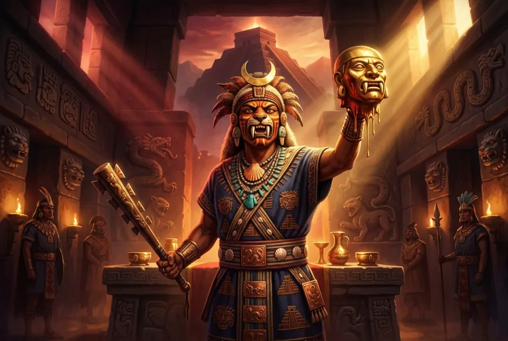 Ai Apaec el Decapitador, deidad principal de la mitología moche con características felinas y símbolos de poder ritual