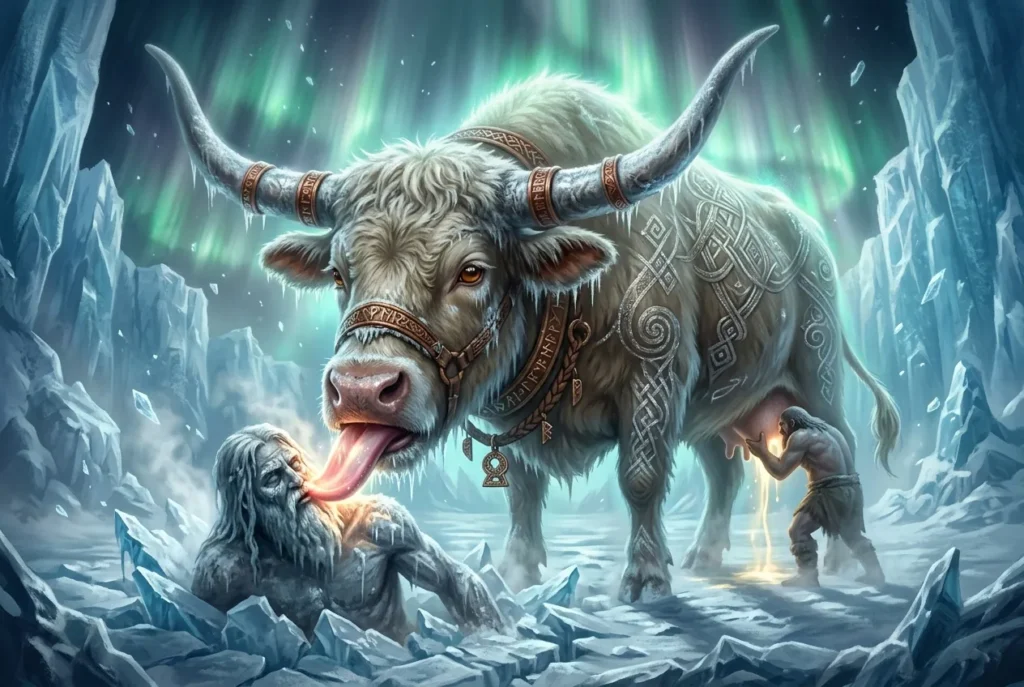 Audhumla la vaca primordial de la mitología nórdica amamantando a Ymir en el Ginnungagap