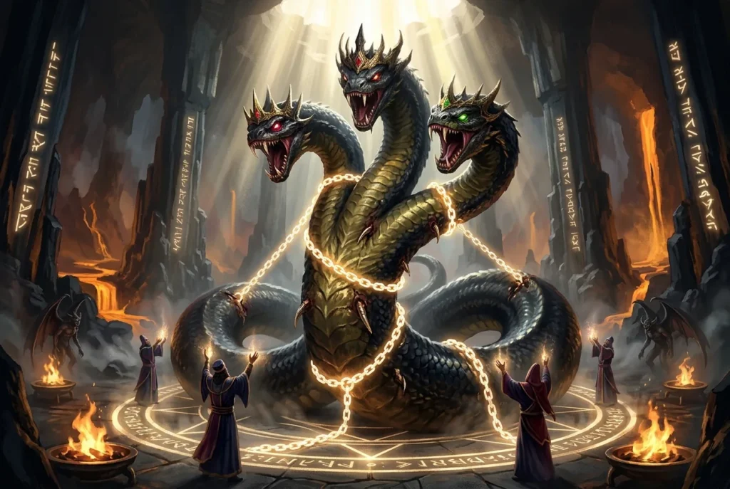 Azhi Dahaka, dragón de tres cabezas de la mitología persa zoroástrica, representación del mal y caos en la cosmología antigua de Irán