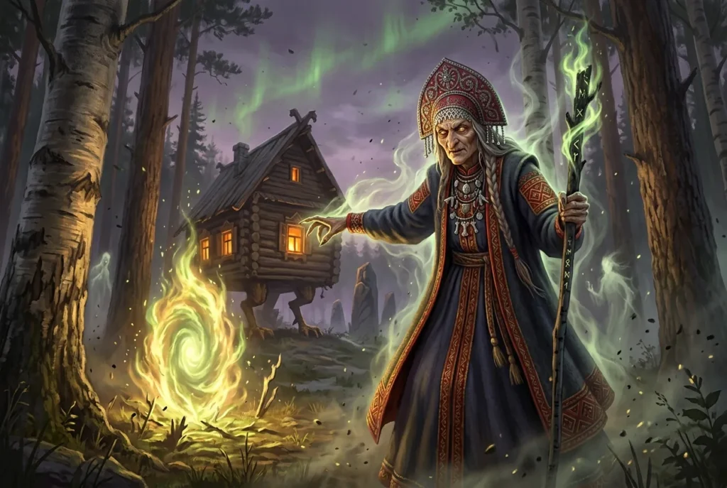 Baba Yaga la bruja de la mitología rusa en su cabaña mágica del bosque encantado