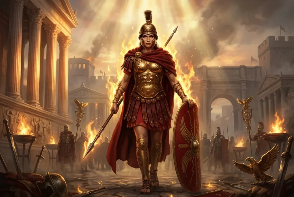 Bellona diosa romana de la guerra, representación de la mitología romana antigua con símbolos de combate y violencia bélica