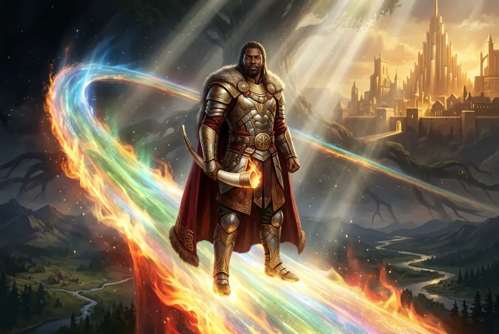 Bifrost puente arcoíris mitología nórdica conectando Midgard y Asgard con Heimdall guardián