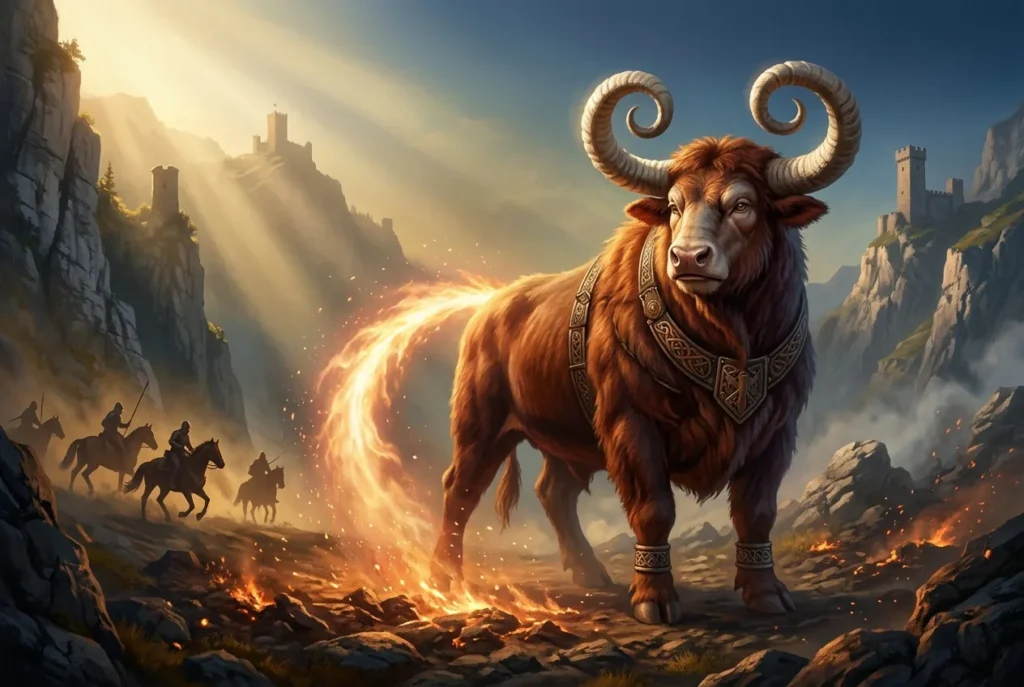 Bonnacon criatura mitológica medieval con cuernos curvos hacia atrás representación legendaria